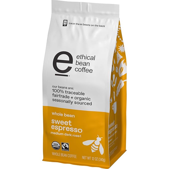 Ethical Bean Fairtrade Organic Coffee, Whole Bean Espresso Coffee (12 Oz Bag), Sweet Espresso Medium Dark Roast, 0.75 Lb