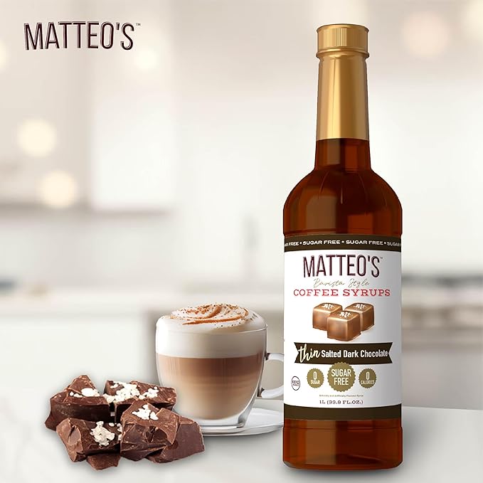 Matteo's Salted Dark Chocolate Syrup for Coffee, Lattes, Cappuccinos & Desserts – Sugar-Free Sweetener for Beverages, Keto Friendly, Zero Calories, Indulgent Flavor, Non-Alcoholic, 33.8oz (1pk)