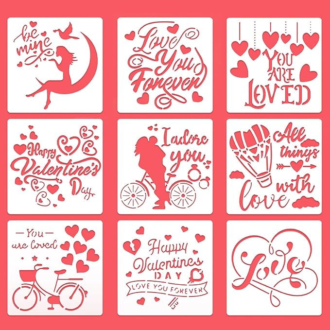 Valentines Day Cake Stencils Kit Reusable Cookie Coffee Stencil Drawing Template for Dessert Buttercream Painting Envelopes DIY Crafts Wall Floor Decor (9 Pcs Love Words)