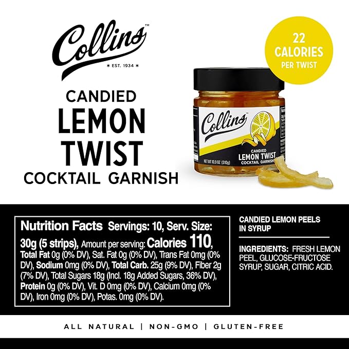 Collins Lemon Twist in Syrup, Popular Cocktail Garnishes for Drinks, Skinny Margaritas, Martinis, Lemon Drops, Whiskey Sours, Old Fashioned, Mocktails, Perfect for Desserts, Baking Supplies, 10.9 oz