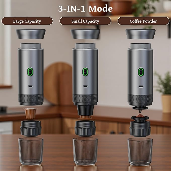 Portable Electric Espresso Machine for Travel, 3-In-1 Travel Coffee Maker for Coffee Powder, Coffee Maker Self-Heating with USB-C, with Ground Coffee & NS Capsule for RV, Hiking,Camping