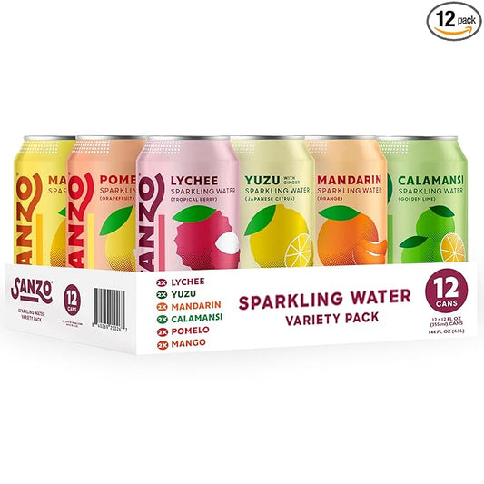 Sanzo Flavored Sparkling Water Variety Pack - Yuzu Lemon, Calamansi Lime, Pomelo Grapefruit, Mango, Lychee, Mandarin Orange - Asian Drinks Carbonated Flavored Water, Fizzy Seltzer - 12oz, 12 Pack