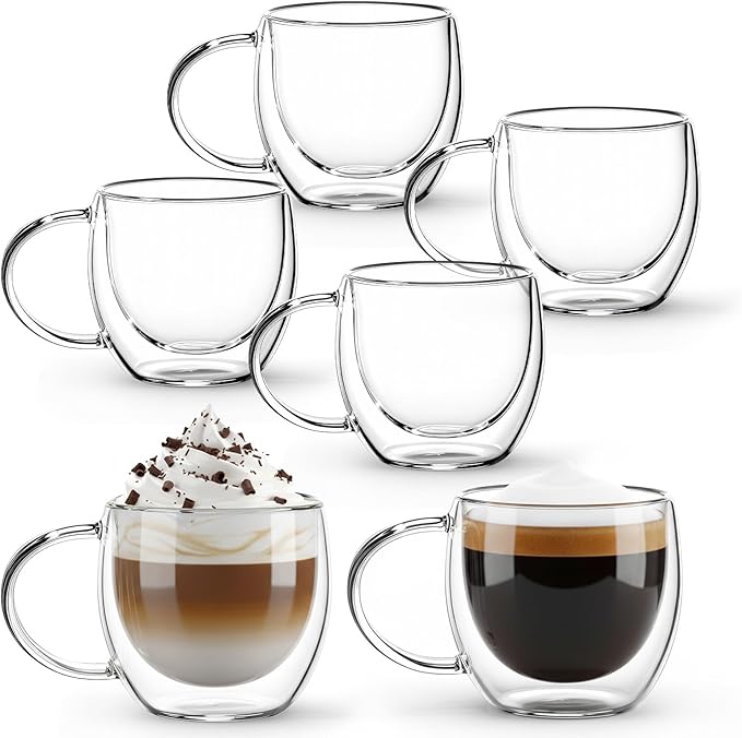 6 Pack 2.7oz Double Walled Glass Coffee Mugs with Handles, Clear Glass Coffee Mugs, Insulated Borosilicate Cups, Insulated Layer Coffees Cups for Cappuccino, Tea, Latte, Milk, Microwave Safe