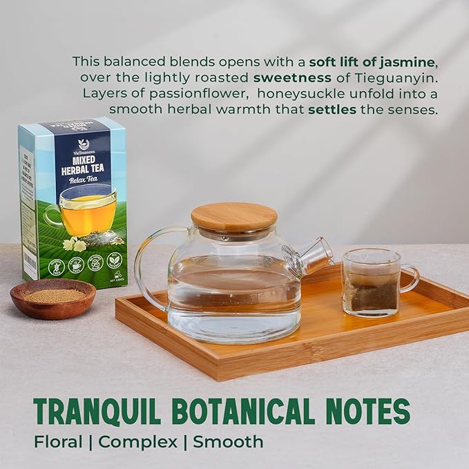 VieTreasures Relax Herbal Tea – 40 Tea Bags | Promotes Relaxation | Tieguanyin Base with Passionflower & Honeysuckle | Jasmine Infusion, Caffeine-Free, Sugar-free, Organic Blends, 2.8oz