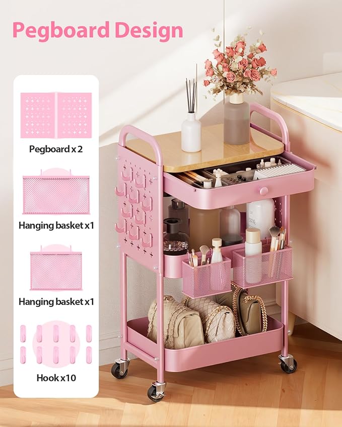 ALVOROG Rolling Cart with Drawer and Wood Table Top, 3 Tier Metal Rolling Utility Cart on Wheels with DIY Pegboards, Hanging Baskets,Hooks for Kitchen, Bedroom, Office, Craft Supplies