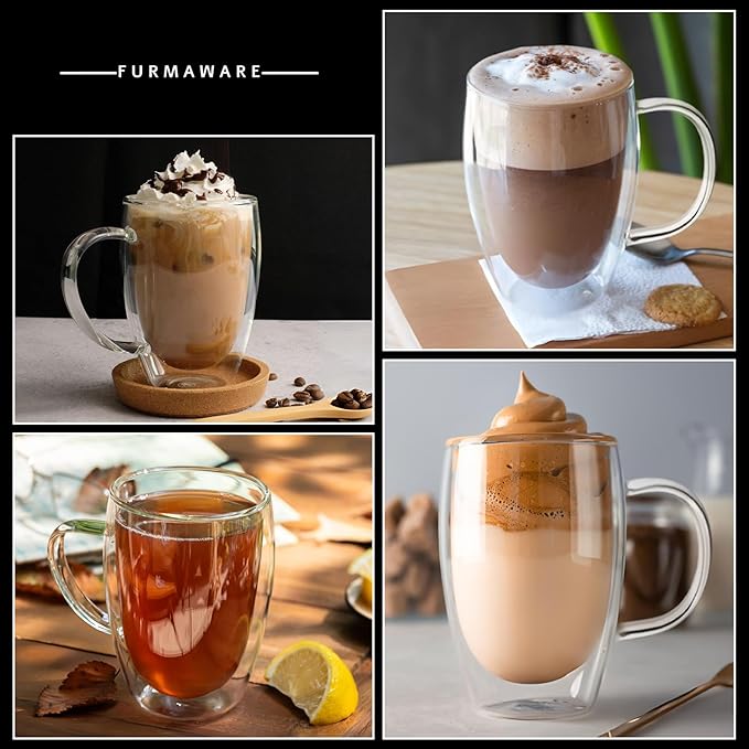 16 Oz Insulated Glass Mugs – Double Wall Coffee Mugs for Tea, Cappuccino, Iced Coffee, Latte, Hot Beverages – Microwave & Dishwasher Safe, Set of 2