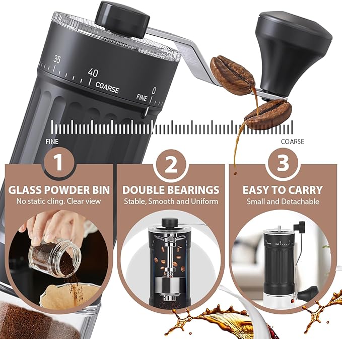 EZLucky Manual Coffee Grinder with 40 External Adjustments, 30g Capacity Hand-Crank Bean Mill, Compact Conical Burr Grinder for Espresso, Pour Over, French Press, Travel/Camping/Office