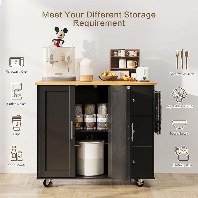 SUNLEI Kitchen Island on Wheels with Storage Cabinet & Foldable Drop Leaf, Rolling Kitchen Table, Cart Handle for Towel Rack, Drop Leaf, Portable Islands for Kitchen (Classic Black, 39.7-INCH)…