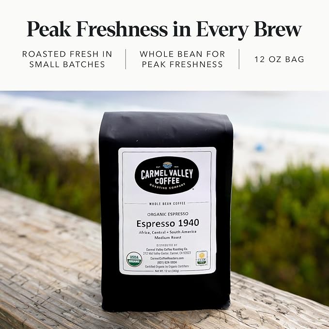 Carmel Valley Coffee Roasting Espresso 1940 – Organic Medium Roast, Africa, Central & South America - Notes of Dried Berries, Toasted Nuts & Baker’s Chocolate, Whole Bean Coffee, 12 Oz Bag, 1 Pack