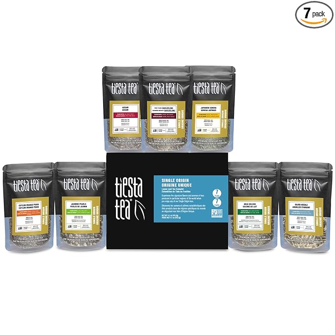 Tiesta Tea - Single Origin Tea Sampler Dry Flight Set, Loose Leaf, High to Low Caffeine, Makes Hot & Iced, Assorted Brew Sets with Green, White, Black & Oolong, 7 Resealable Sample Pouches
