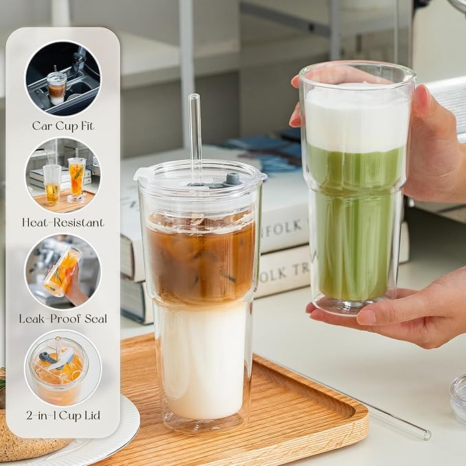 KEMORELA 20 oz Double Wall Glass Tumblers with Lids & Straws, Set of 4—Insulated Clear Drinking Glass Cups for Iced Coffee, Matcha, Smoothies, Whiskey, and More—Reusable for Home & Parties