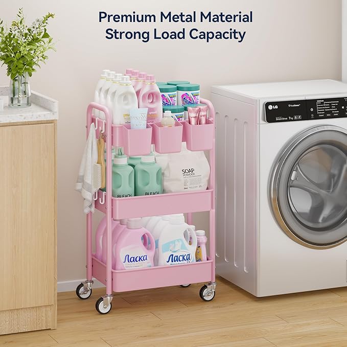 YASONIC 3-Tier Metal Rolling Cart, Heavy Duty Utility Cart with Lockable Wheels, Hanging Cups, Hooks, Mesh Rolling Storage Cart Craft Organizer, Lightweight and Sturdy, Pink
