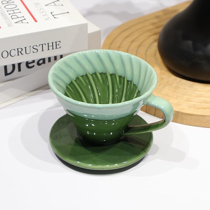 Ceramic Pour Over Coffee Dripper with 50 pcs coffee filters - Portable Drip Coffee Brewer for Travel, Camping, Office or Home - Artisanal Pottery Gift for Enthusiasts