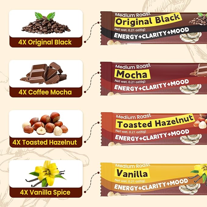 Mushroom Coffee - 11 in 1 Mushroom Blend with Lions Mane,Ashwagandha KSM-66 & L-Theanine Instant Mushrooms Coffee Packets for Energy, Focus & Digestion Sugar-Free 16 Servings Flavor Variety