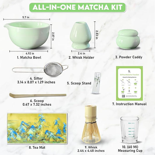 10-Piece Matcha Whisk Set | Complete Matcha Tea Kit with 17oz Ceramic Bowl, Bamboo Whisk & Scoop, Whisk Holder, Stainless Steel Sifter, Measuring Cup, Powder Caddy, Tea Towel | Gift-Ready Matcha Set