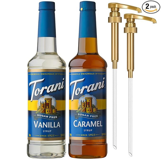 Torani Sugar Free Caramel Syrup and Sugar Free Vanilla Syrup Variety 2-Pack, Coffee Syrups for Drinks, Pumps Included, 25.4 Fl Oz Ea