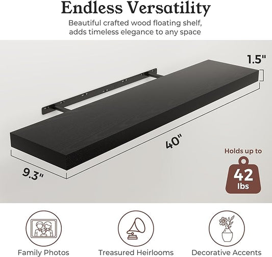 Floating Shelves for Wall, 9.3" Deep Wall Mounted Wood Shelves for Bathroom, Bedroom, Living Room, Kitchen, Hanging Shelf for Books/Storage/Room Decor (Black, 40")