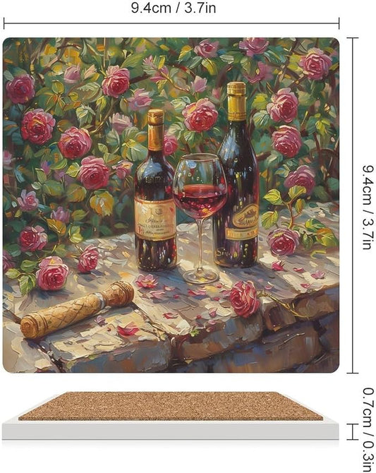 Red Wine Drink Coasters, Square Ceramic Drink Coaster Square-4PCS, Oil Painting Style Red Wine Floral Rose Flower Pattern Decor Absorbent Ceramic Coasters for Beverage Cup, Bar, Coffee Table