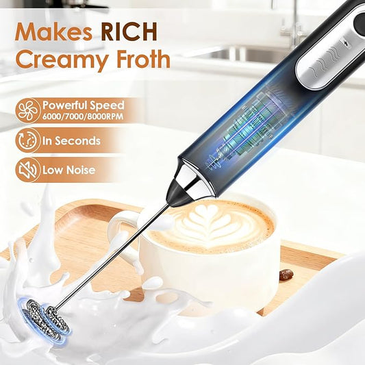 Handheld Milk Frother, rechargeable milk frother with 2 Stainless Steel Whisks 3 Speeds Electric Drink Mixer, Coffee Mixer Wand for Latte, Cappuccino, Matcha, Hot Chocolate, Egg (Black)