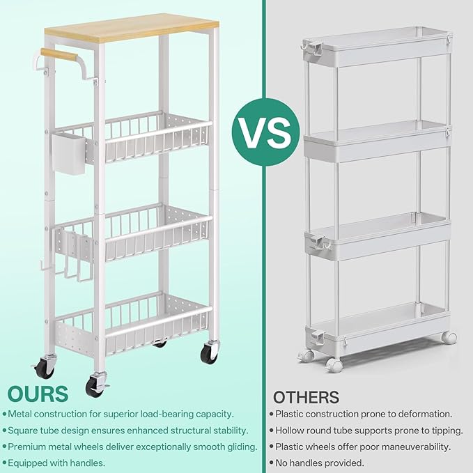 Slim Rolling Storage Cart, 4 Tier Small Organizer Cart with Wheels, Metal Utility Shelf Kitchen Bathroom Laundry Room Organization Trolley with Handle for Narrow Space (9.1" Overall Width)