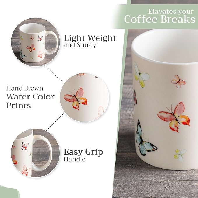 Maison d' Hermine Coffee Mug with Handles Fine Bone China Mugs Pack of One Tea Cups for Hot Beverages Cappuccino Latte Home Restaurant Office Perfect for Gift (Botanical Fresh - Butterflies, 12 Ounce)