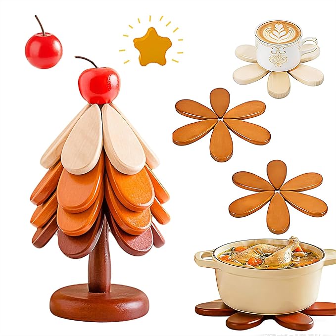 2 Toppers Wooden Tree Trivets Set of 4 for Hot Dishes, Wood Cup Coasters for Drinks, Hot Pads for Hot Pot/Hot Pan & Plate, Christmas Modern Kitchen Counter Decor, Cooking Accessories
