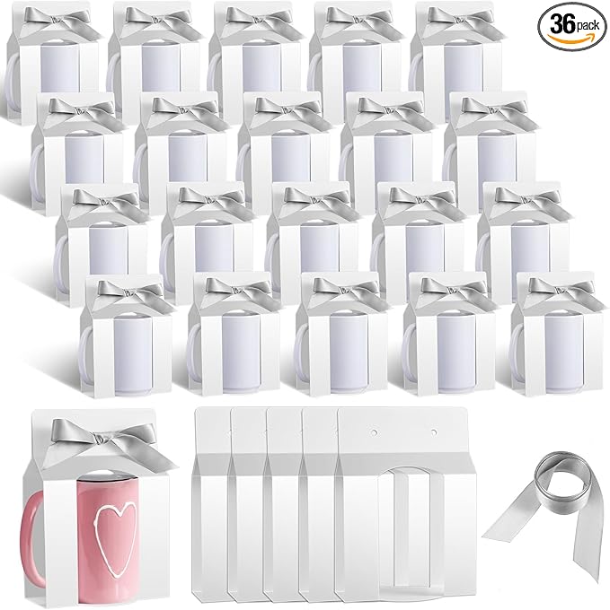 Kosiz 36 Pcs Mug Boxes Sublimation Coffee Mugs Gift Bags with Window Packaging Storage Box for Shipping Selling Wedding Valentines Gift Packaging Wrapping (for 15oz Mug,White,Silver)