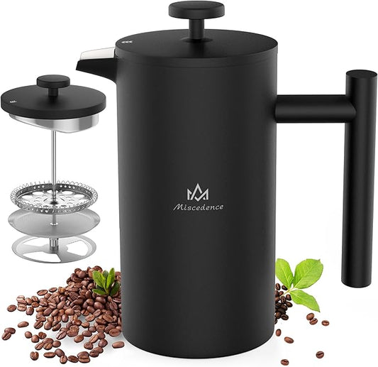 Miscedence French Press Coffee Maker, Double Wall Vacuum Insulated 304 Stainless Steel coffee press for Home, Camping and Office