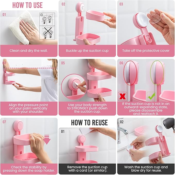 TAILI Double Layer Soap Dish Holder Suction Cup, Strong Sponge Holder for Shower, No Tools Soap Saver for Bathroom, Tub and Kitchen Sink, Shower Accessories, Drill-Free, Removable, Pink