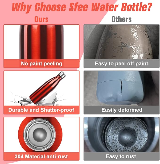 Sfee Insulated Water Bottle, 17 oz Stainless Steel Water Bottles, Double Wall Vacuum Reusable Water Bottles Leak Proof BPA-FREE Sports Bottle Cup Keep Hot&Cold for Running Gym Workout Cycling Kids