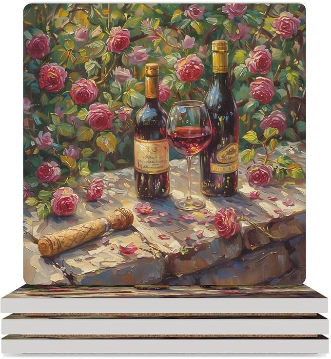 Red Wine Drink Coasters, Square Ceramic Drink Coaster Square-4PCS, Oil Painting Style Red Wine Floral Rose Flower Pattern Decor Absorbent Ceramic Coasters for Beverage Cup, Bar, Coffee Table