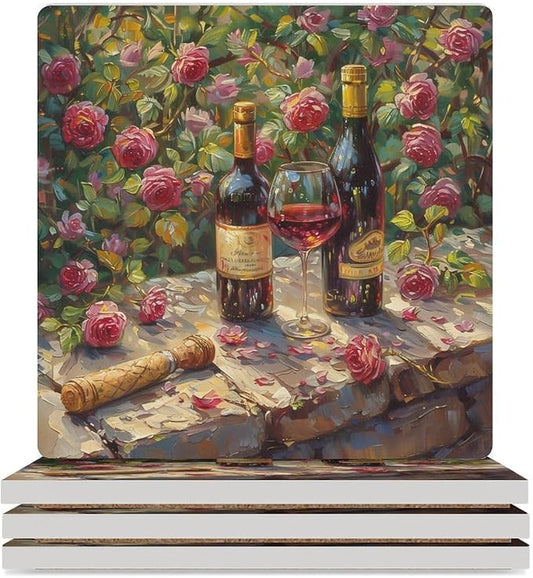 Red Wine Drink Coasters, Square Ceramic Drink Coaster Square-4PCS, Oil Painting Style Red Wine Floral Rose Flower Pattern Decor Absorbent Ceramic Coasters for Beverage Cup, Bar, Coffee Table
