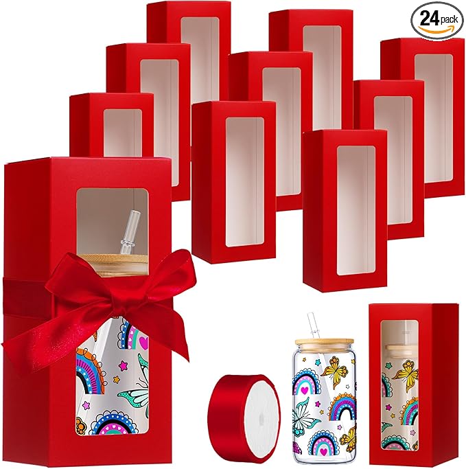 Honoson 24 Pcs Tumbler Gift Box with Ribbon for Sublimation Glass Exhibition Boxes Transparent for 12oz 16oz 20oz Drinking Cup Glasses Jars Mug Can Blanks(Wine Red)