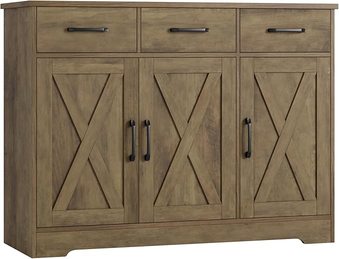 HOSTACK Modern Farmhouse Buffet Sideboard Cabinet, Barn Doors Storage Cabinet with Drawers and Shelves, Wood Coffee Bar Station for Dining Room, Kitchen, Living Room, Rustic Brown