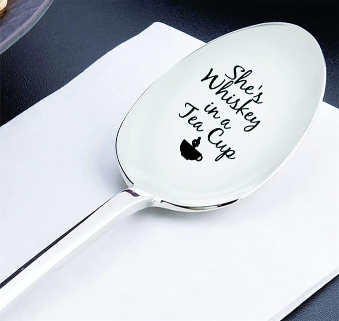 She's Whiskey in a Tea Cup Stainless Steel Engraved Spoon – Teaspoon for Dessert, Coffee, Ice Tea and Serving Spoon – Wedding, Anniversary and Bridal Shower Gift for her – 7 Inch