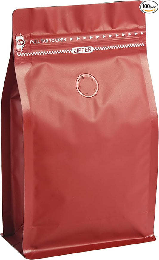 100 Count 12oz Red Coffee Bags with Aluminum Foil Liner, High Barrier Coffee Pouches with Degassing Valve, Ziplock Food Storage Bags with Pull Tape, Pack of 100, 12oz/0.75lb/340gram