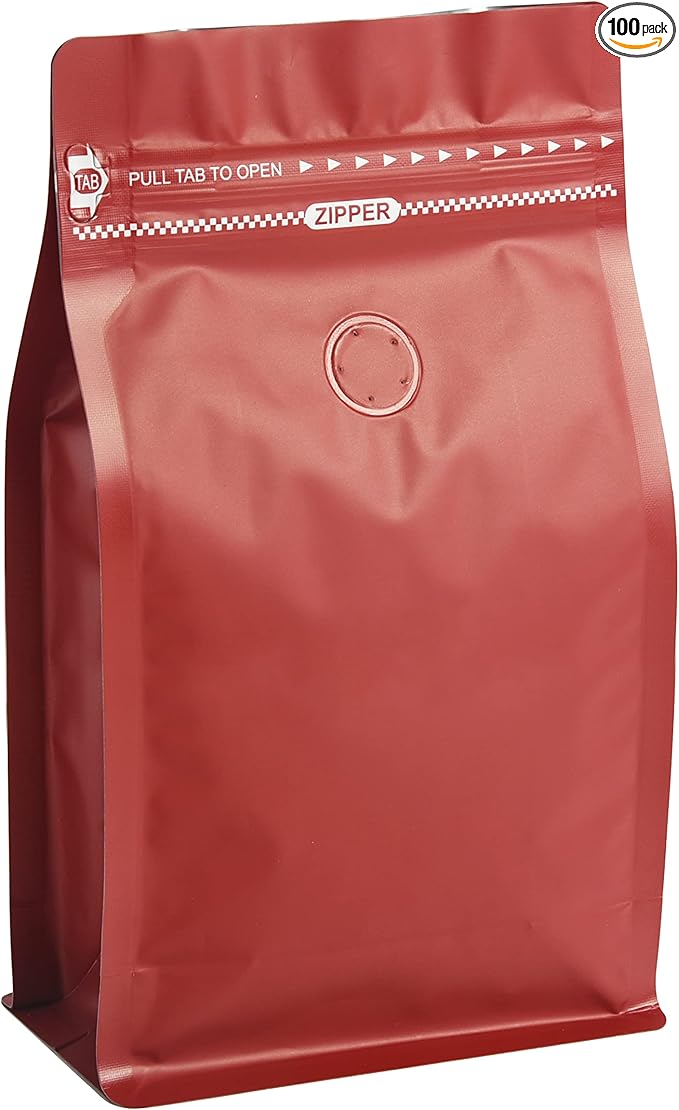 100 Count 16oz Red Coffee Bags with Aluminum Foil Liner, High Barrier Coffee Pouches with Degassing Valve, Ziplock Food Storage Bags with Pull Tape, Pack of 100, 16oz/1lb/500gram