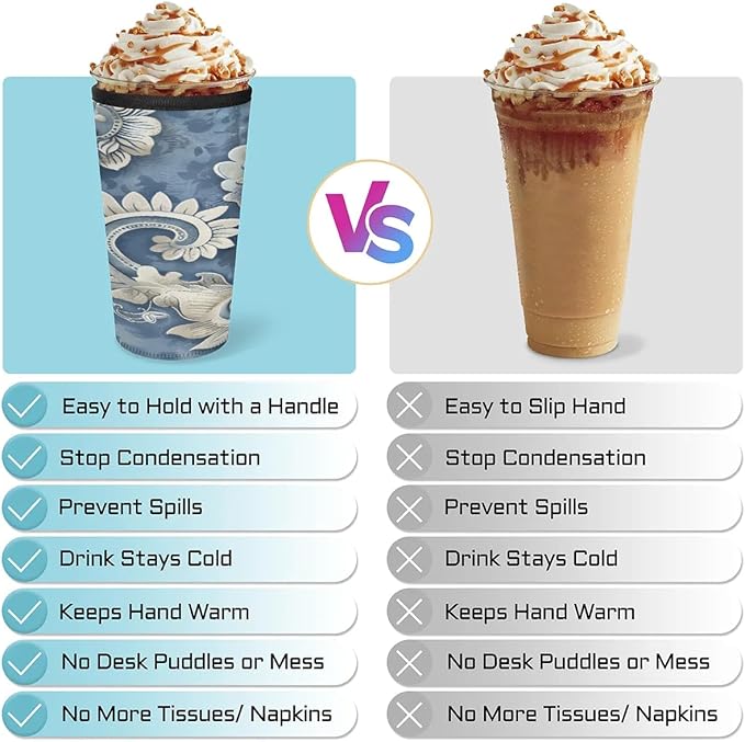 Reusable Iced Coffee Cup Sleeve Paisley Neoprene Insulated Sleeves Cup Holder with handle Idea for 24oz - 28oz