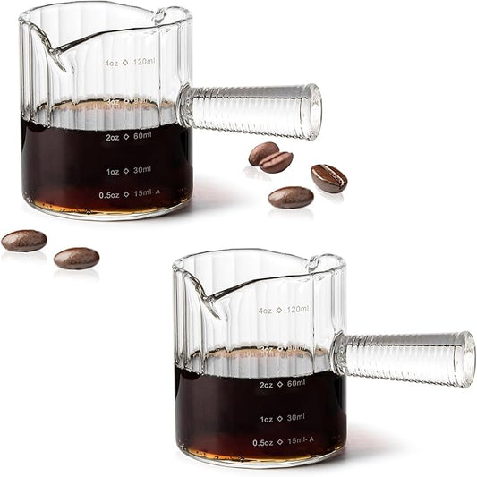Espresso Cups Set of 2, 4 OZ Glass Double Spouts Cups, Shot Glasses, Milk Cup with Glass Handle for Dishwasher Safe, Espresso Accessories for Machine, Demitasse Cups, Small (Clear)