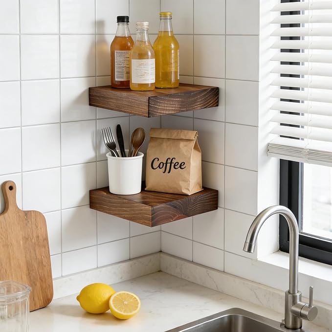 Floating Wall Shelves 6.8x6.8x1.7 Inch – Solid Wood Square Shelves in Dark Oak Finish – Rustic Mini Display Shelves for Entryway, Bathroom, Small Spaces – Set of 2