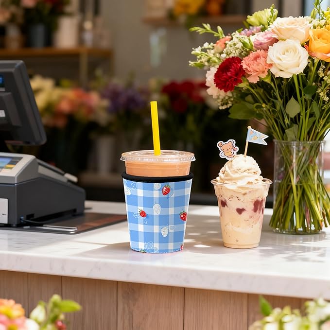 Blue Gingham Strawberry Iced Coffee Sleeve Set of 3 Fits S/M/L 3-Pack Cute Summer Fruit Pattern Insulated Coffee Sleeve for Women Gifts