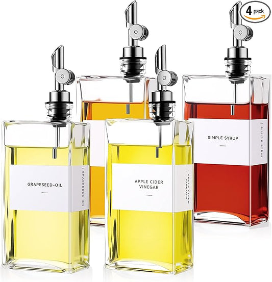 4 Pcs Olive Oil Dispenser for Kitchen, Glass Olive Bottles Oil Seasoning Bottle Set Coffee Syrup Soy Sauce Dispenser(Silver,500 ml)