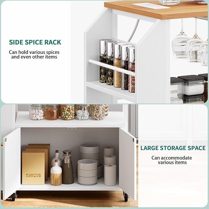 YITAHOME Kitchen Island Cart with Power Outlet, 36 Inch Mobile Kitchen Cart with Open Shelves, Rolling Portable Serving Utility Carts on Wheels with Storage for Kitchen, Dining Room, White