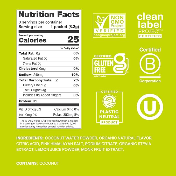 Cure Hydration | Plant-Based Electrolyte Drink Mix | No Added Sugar | FSA-HSA | Dehydration Relief Powder Made with Coconut Water | Non-GMO | Vegan | Box of 8 Packets - Lime