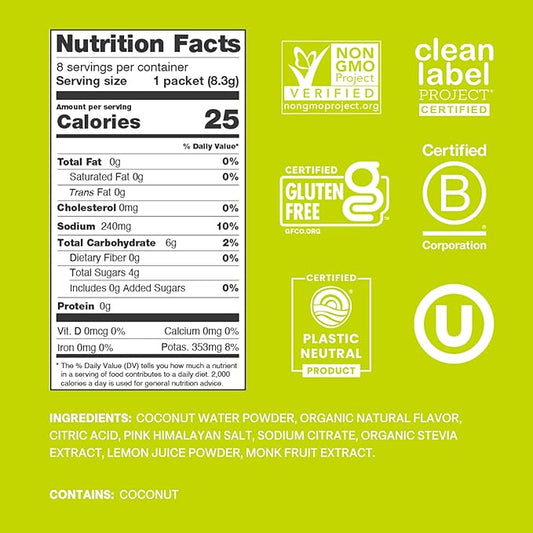 Cure Hydration | Plant-Based Electrolyte Drink Mix | No Added Sugar | FSA-HSA | Dehydration Relief Powder Made with Coconut Water | Non-GMO | Vegan | Box of 8 Packets - Lime