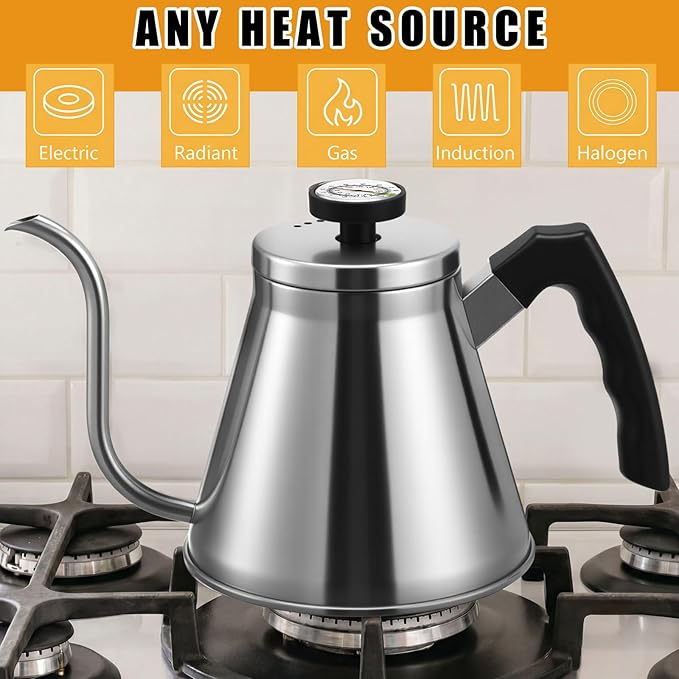 2 Pack 40 oz Gooseneck Kettle with Thermometer Stainless Steel Pour over Coffee Kettle Precision Drip Spout for Stovetop Home Kitchen Camping(Silver)