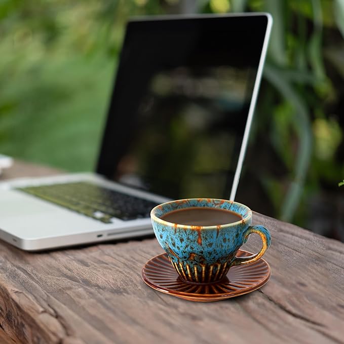 YINUOWEI 4 oz Espresso Cups Set of 2, Ceramic Cappuccino Cups with Saucers, Durable Porcelain Tea Set & Modern Coffee Cup Collection, Coffee Lover Gifts, Glazed Blue
