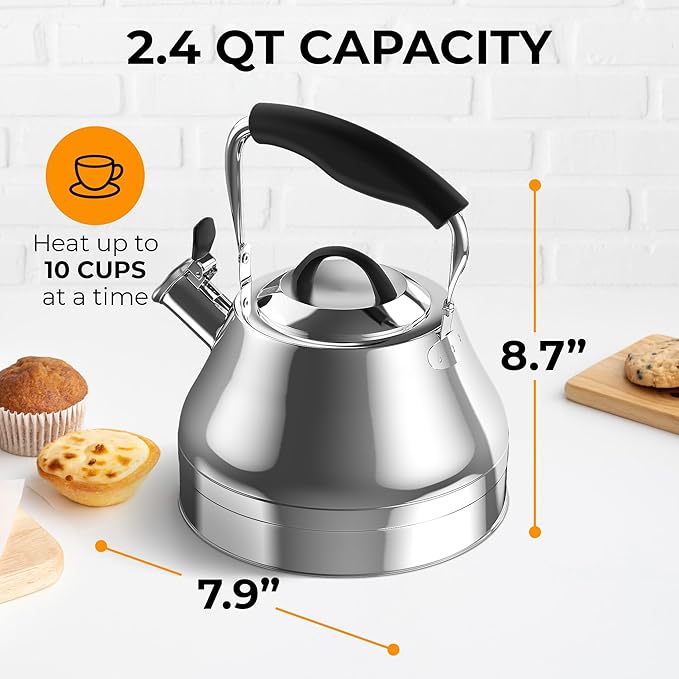 Stovetop Whistling Tea Kettle – 2.4 QT Stainless Steel Teapot with Ergonomic Handle, Fast Heating for Gas, Electric & Induction Stoves – Shiny Finish, Silver