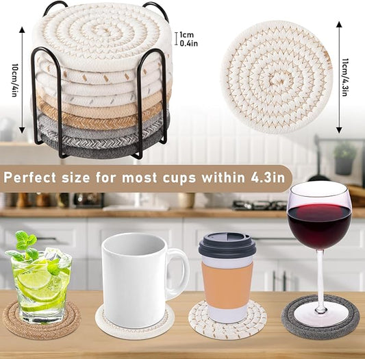 OIAHOMY 10 Pcs Drink Coasters with Holder, Boho Cotton Woven Coaster Set, Absorbent Coaster Protection for Various Cups, Ideal for Coffee Tables Home Decor and Gift, 4.3 Inches,Mixed Yellow