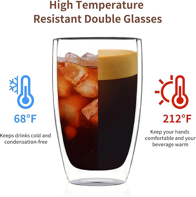 MESNEY Double Wall Espresso Cups 17 Oz, Glass Coffee Mugs Set of 4, Insulated Clear Cappuccino Latte Mugs for Home, Cafe & Restaurant, Durable Stackable Drinking Glasses